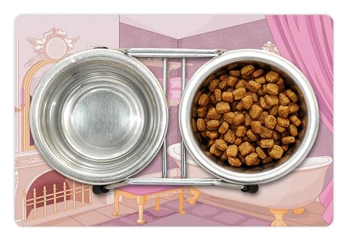 Lunarable Feminine Pet Mat for Food and Water, Design in The Palace of The Cartoon Bathtub Cabinet Mirror Washroom, Non-Slip Rubber Mat for Dogs and Cats, 18" X 12", Beige Pink - color: Beige Pink