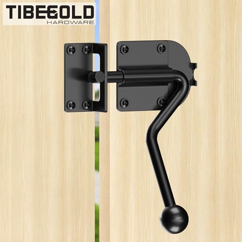 Slide Bolt Gate Latch, Heavy Duty Door Latch Hook Style, Sliding Gate Lock Latch with Ergonomic Round Handle, Black Gate Hardware for Outdoor Wooden Fence, Shed Door, Barn Door, 1 Pack