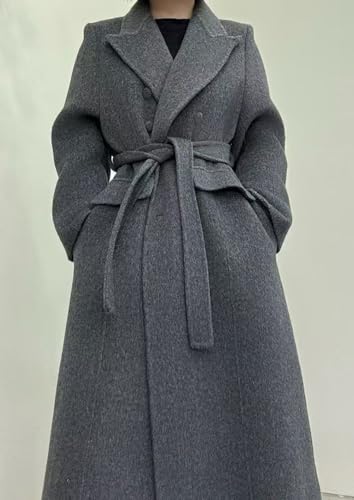Women Long Winter Wool Pea Coat Lapel Double Breasted Trench Over Coat with Belt - color: Grey, size: Small