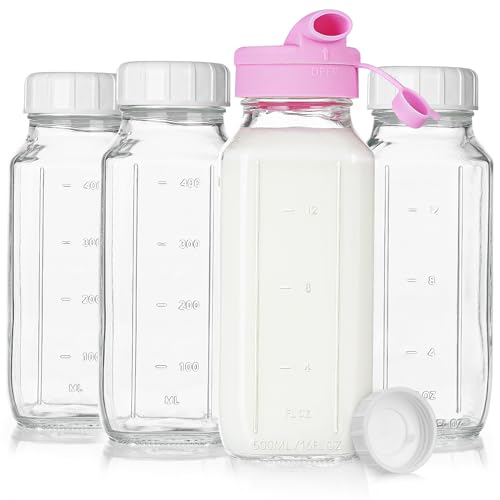Sovietiep 4 Pack 16 Oz Glass Milk Bottles With Lids, Breastmilk Pitchers | Glass Bottles With Silicone Dispenser Caps For Juice, Drinks And Breastmilk Storage, 500ML, ML/OZ Scale Line, Dishwasher Safe