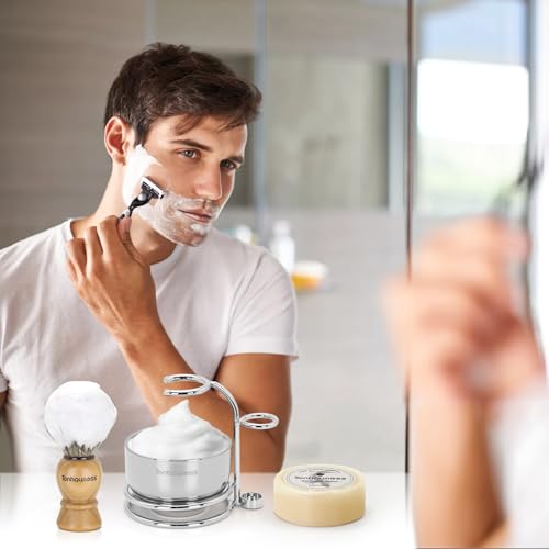 Badger Hair Shaving Brush With Wood Handle, Goat Milk Shaving Soap, Dual-ring Base Stainless Steel Shaving Stand Holder and 3 Layers Shaving Bowl for Men's Wet Shaving (Wood With Badger Hair) - color: Wood With Badger Hair