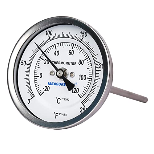 MEASUREMAN Fully Stainless Steel Pot, Kettle, Brewing Bimetal Dial Thermometer, 3" Dial, 6" Stem, 0-250 deg F/-20-120 deg C, -1% Accuracy, Adjustable, 1/2" NPT Back Mount - size: 3" Dial, 6" Stem, 0-250 deg F/-20-120 deg C, style: 6" Stem