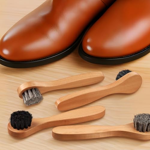 4 Pcs Horsehair Shine Shoes Brush Kit Polish Dauber Applicators Cleaning Leather Shoes Boots Care Brushes Suede Cleaner Brush with Microfiber Shoe Cloth(Wooden Handle B) - style: Wooden Handle B