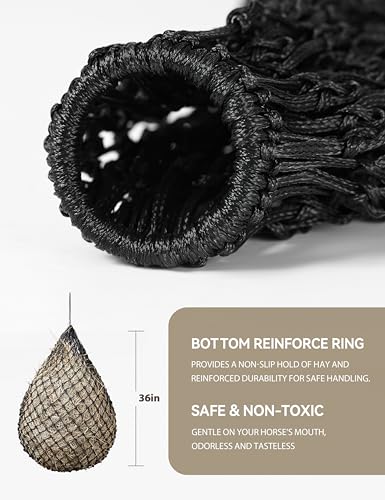Tackmore 2pcs 36’’ Length Slow Feed Hay Nets for Horses & Livestock Easy to Hang Hay Bags for Horses with Drawstring Closure-Black 1.25" (Ultra Slow Feed) - size: 1.25"