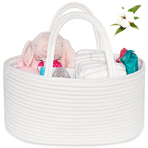 ABenkle Baby Diaper Caddy, Nursery Storage Bin and Car Organizer for Diapers Wipes, Cotton Rope Basket Changing Table Caddy - color: White, size: Large