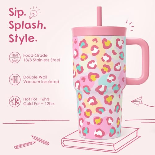 SANDJEST Leopard Skin Stainless Steel Tumbler 20oz with Handle and Silicone Straw Locking Lid for Kids Girls, Birthday Christmas Back to School - color: Leopard Skin
