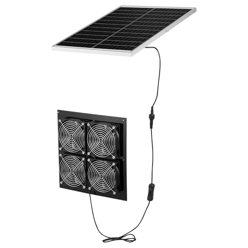 VEVOR Solar Powered Fan, 25W Solar Panel with 4 Fans, Adjustable Solar Panel Angle, 2668 RPM High-Speed, Flexible Installation, Fast Air Exchange for Greenhouse, Grow Tents, Chicken Coops, Shelters - size: 4.7" Fan×4 -25W