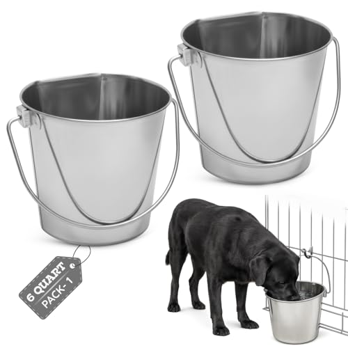 Flat Side Stainless Steel Bucket 6 Quart Hanging Feeding Utility Pail for XL Dog Goat Sheep Livestock, Fits Kennel Cage Crate Farm, Heavy Duty Food & Water Feeder, 1.5 Gallon Silver 2Pack - size: 6 Quart (Pack of 2)