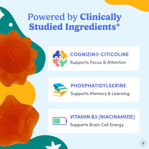Focus Gummies for Kids with Cognizin® Citicoline, PS & Vitamin B3, 60 Count | Brain gummies for kids with Cognizin® citicoline, phosphatidylserine and vitamin B3 support daily focus, recall and learning.