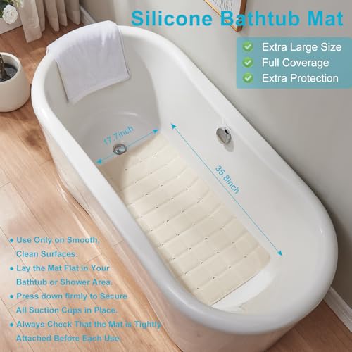 Webos Non-Slip Bath Mat for Tub & Shower：Silicone Foldable Bathtub Mat with Strong Suction Cups, Quick Drain Holes, Machine Washable Extra Large Bathroom Mats 35.8" x 17.7", Beige - color: Beige, size: 35.8" x 17.7" (Rectangular)