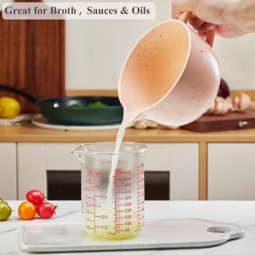 Ackers BORO3.3 Borosilicate Glass Measuring Cup, 500 ml (16 oz, 2 Cup) | Handleless beaker with printed ml, oz and cup scales and a V-shaped spout for clear measuring and controlled pouring - size: 2Cup,500ML