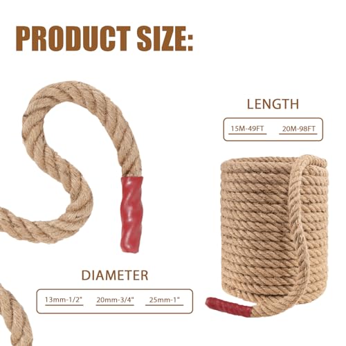 Jute Rope, Natural Hemp Rope, 4-Strand Thick Nautical Ropes (1/2 Inch 49Ft) for Decorative, Crafts, Porch Swing, Hanging, Tug of War, Packing - size: 1/2In - 49Ft