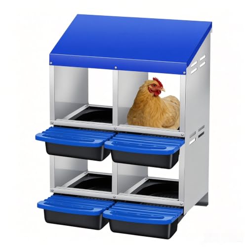 Galvanized Steel 2-Tier 4 Compartment Chicken Nesting Box with Pull Out Tray, Roll Away Nest Boxes for Laying Hens Egg Collection, Wall Mount Poultry Nest Box for Coop with Handle, Blue - color: Blue, size: 2 Tire 4 Compartments