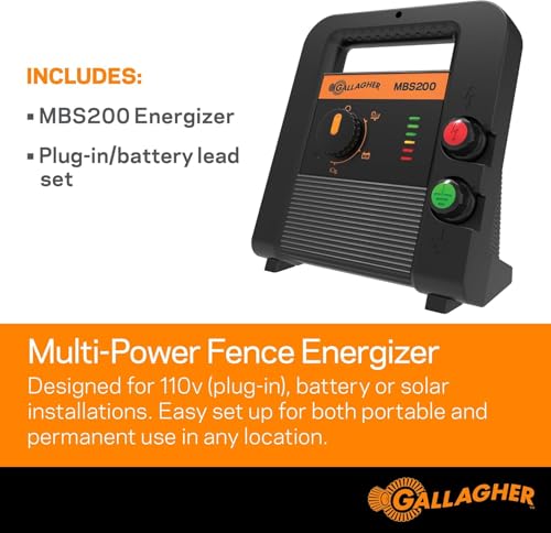Gallagher MBS200 Electric Fence Charger | Multi-Power AC, Battery or Solar Fence Energizer | 2 Joule Livestock Charger for Portable & Permanent Fencing