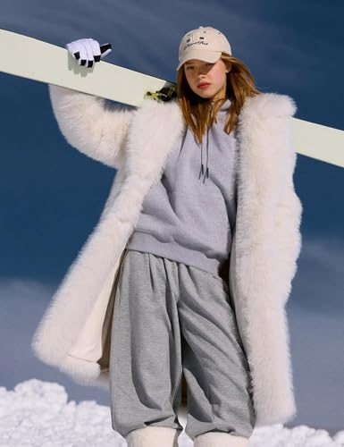 COZYPOIN Womens Faux Fur Coats Mid Long Warm Winter Fluffy Jackets | Shawl Collar, Long Sleeve, Pockets, Snap Button, Smooth Lining, Loose Fit, Fuzzy Shaggy Coat, for Daily Party Holiday Wear - color: White, size: Large