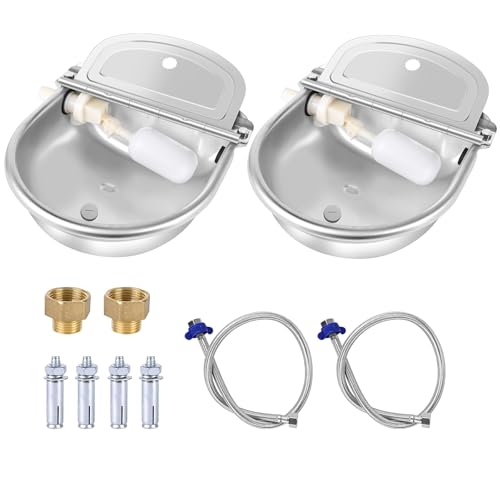 2PCS Automatic Animal Drinking Water Bowl Stainless Steel Waterer Feeder Farm Dog Dispenser Kit Self Filling for Livestock Horse Goat Water Trough with Float Valve Drain Hole Hose Adapter Bolts - size: 2 PCS