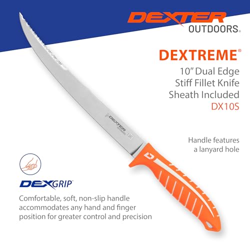 Dexter Outdoors Dextreme Dual Edge 10" Stiff Fillet Knife with Sheath | Stiff dual edge high-carbon stainless blade for large fish and heavy cuts. Protective sheath included for safe transport. - style: 10" Dual Edge Stiff