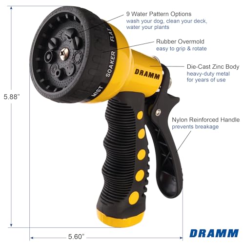 Dramm Revolver Heavy Duty Metal Garden Hose Nozzle – 9 Spray Patterns, High Pressure Jet, Thumb-Control Flow, Ergonomic Grip – Yellow - color: Yellow, size: No Size (Single), style: 9-Pattern Revolver