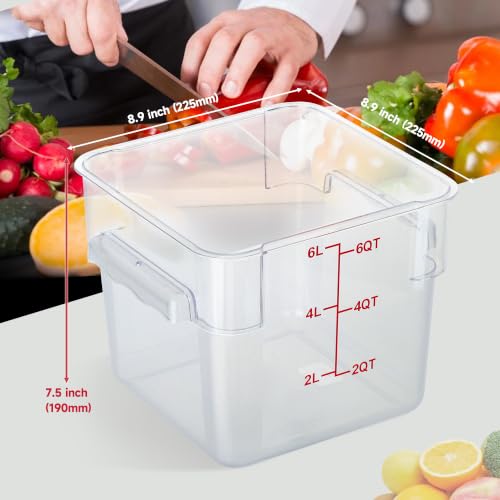 4 Pack 6 Qt Square Polycarbonate Food Storage Containers with Lids | Clear BPA-free PC with lids, side handles, measurement scale and stackable design; for food prep, storage and freezer use. - color: 6Qt