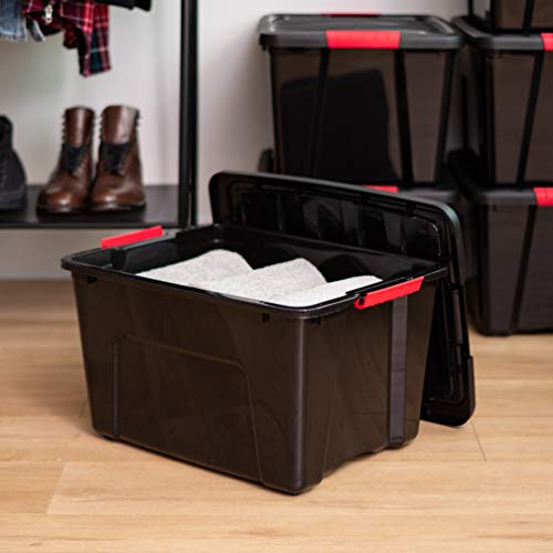 IRIS USA 4-Pack 40 Quart Storage Bins with Lids, Black | Black finish conceals stored items. Perfect for moving, blankets, clothing, and garage storage. Nestable design saves space - size: 40 Qt, style: 4 Pack