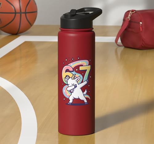 Magical Rainbow Dabbing Goat Funny Six Seven Meme Kids Teens Stainless Steel Insulated Water Bottle - color: Red