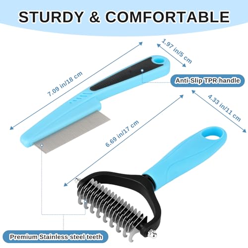 Pet Grooming Combo and Flea Comb, Flea and Tick Combs for Dogs and Cats, Deshedding Brush with Metal Comb for Detangling and Dematting Long, Matted Fur on Cats and Dogs(2pcs)
