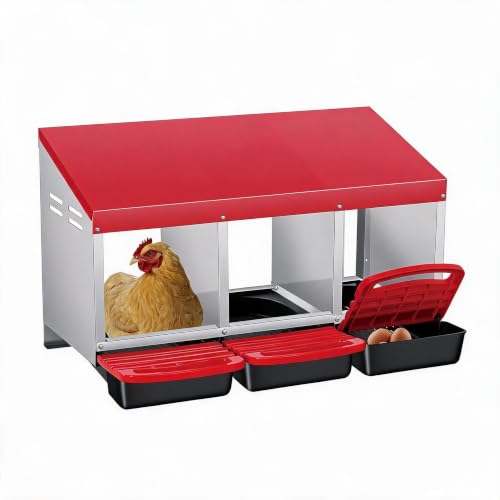 PrecisionAuto Chicken Nesting Box, 3 Compartment Automatic Roll Away Egg Collection, Ventilated Galvanized Steel, Wall Mount or Freestanding Hen Coop Accessory, Red - color: Red