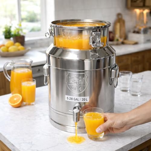 304 Stainless Steel Milk Can with Spigot, 5 Gallon Metal Water Dispenser, 20L Steel Water Tank & Stainless Steel Beverage Dispenser, Heavy Duty Drink Dispensers for Milk, Wine - size: 5 Gallon