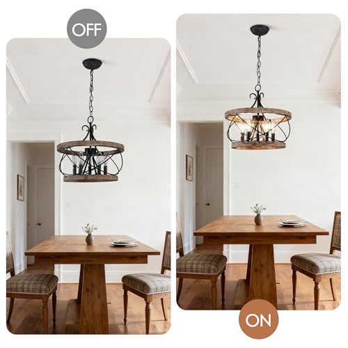 15.7" Farmhouse Chandelier for Dining Room, 5-Light Wood Drum | Rustic Chandelier Dining Room Light Fixture French Country Industrial Pendant Lamp for Living Room Kitchen Island Entryway - color: 15.7" Wood Drum