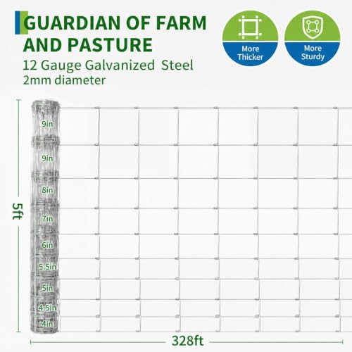 Farm Fence 5ft x 328ft, 12 Gauge Heavy Zinc Coating Cattle Panel Fence Galvanized Woven Wire Field Fencing Livestock Fence, Durable Chain Link Hog Wire Fencing for Yard Garden Sheep Goat Deer Horse | Galvanized Woven Wire Field Fencing Livestock Fence,Dur