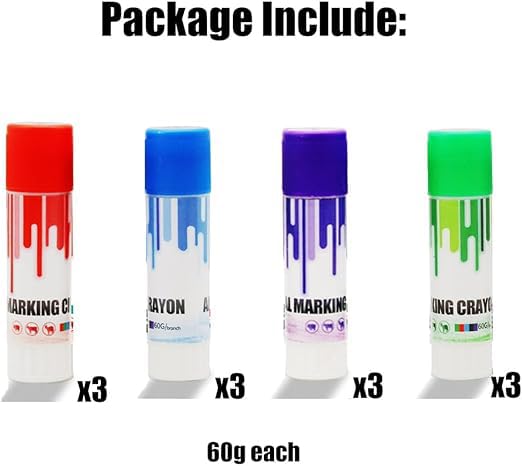 Livestock Identification Marking Crayon, 12PCS High Visibility, Non-Toxic Livestock Marking Crayon with Cover for Marking Wet or Dry Animal Fur and Skin, for Cattle Sorting, Grading, Inoculation (12)