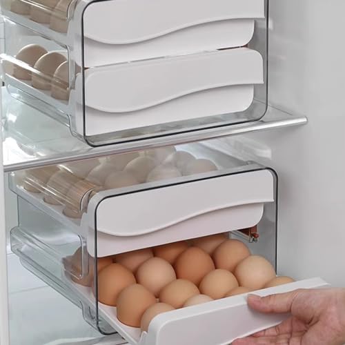 60 Egg Drawer Organizer for Refrigerator,2 Layers Transparent Egg Holder Tray for Fridge Stackable Eggs Storage Tray with Timescale