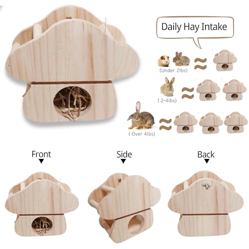 JanYoo Rabbit Hay Feeder,Natural Wooden Hay Holder for Guinea Pigs Bunny Cage Rabbit Hay Dispenser Hanging Standing-Champignons - size: Champignons