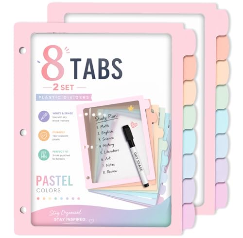 Pastel Binder Dividers, 2 Sets of 8 Tabs, Cute Pink, 3 Ring Binder | 2 sets of 8-tab pastel plastic binder dividers with large write-and-erase tabs, frosted centers, and 3-ring compatibility.