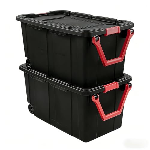 40-gallon wheeled plastic storage boxes with handles, black, 2-pack