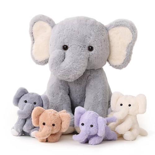 Elephant Stuffed Animals Mommy with 4 Baby Elephants Toys Gifts for Girls | Cute Stuffed Plush Toys Set for Toddlers Kids Ages 0-8+, Christmas Birthday Baby Shower Party Decor Storytime Companion Gifts - style: Elephant