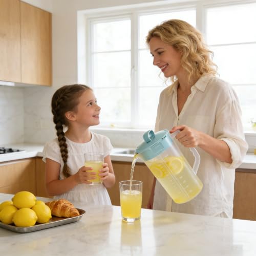 64oz Mixing Pitcher with Built-in Stirrer & Plunger, Leak-Proof Translucent Plastic Jug with Measurement Marks for Smoothies, Protein Shakes, Home & Party (1)