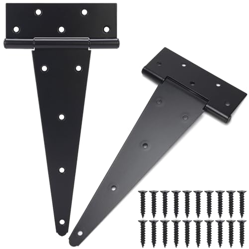 12 Inch T-Strap Gate Hinges, Shed Barn Door Hinges Heavy Duty, Black Tee Hinges for Wooden Fences, Yard Gate, Wrought Hardware Iron Rustproof (2Pack/Set) - size: 12 Inch