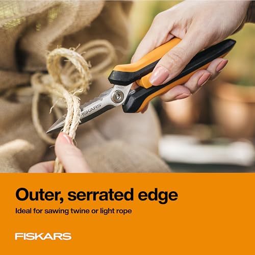 Fiskars 8" SoftGrip Pruning Shears, Multipurpose Garden Snips with Sheath | Heavy-Duty Scissors with Outer Serrated Edge, SoftGrip Handle, Great for Cutting Nursery Pots, Soil Bags & Wire - style: Snips