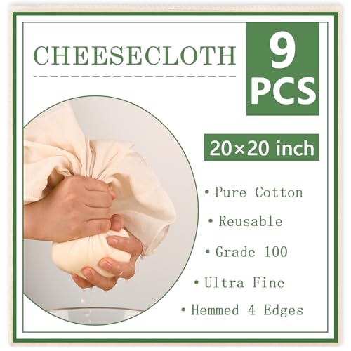 WMKGG 9 PCS Cheese Cloths, 20x20 Inch Cheesecloth Fine Mesh Cheesecloth | Grade 100,Hemmed 4 Edges,Cotton,Reusable ,Unbleached,for Straining, Cooking, Juicing, Cheese Making, Baking, Yogurt - size: 9pcs 20"x20"Cheese Cloth