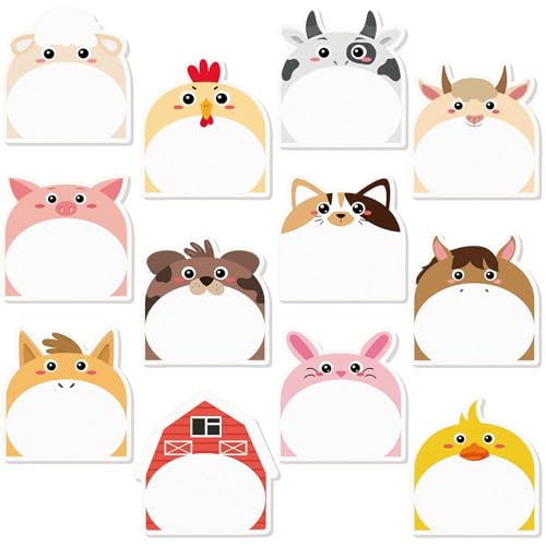 Yinder 24 Pads Farm Animal Sticky Notes, Kawaii Memo Self Adhesive | 12 Designs Cow Pig Duck Goat, Style for School Office, Back to School Party Gift Supplies, Bulk Cartoon Animals - style: Farm Animals
