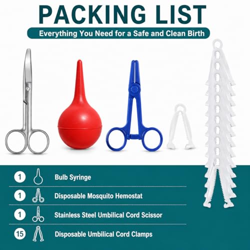 Animal Birth Kit with Curved Scissors, Disposable Umbilical Clamps, Hemostat, Bulb Syringe, Safe Delivery for Puppies, Kittens, Lambs, Piglets & Calves, Farm & Home Use