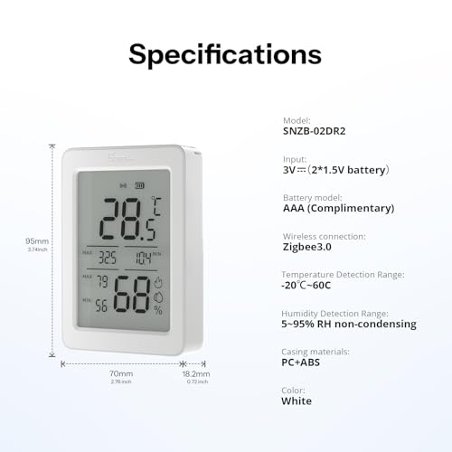 SONOFF SNZB-02DR2 AirGuard TH, Indoor Smart Zigbee Temperature and Humidity Sensor, 3.6'' LCD Display, App Monitoring with Charts, Notification Alerts, Data Export, Remote Data Display, 2-Pack