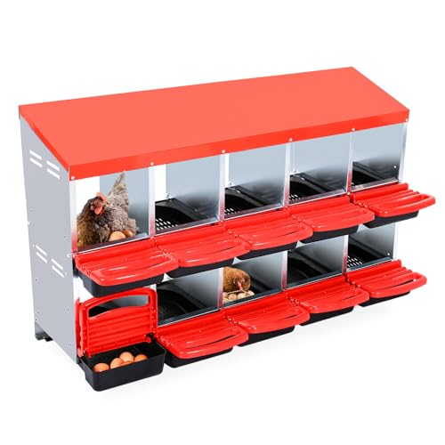 Garvee Chicken Nesting Boxes, 10 Hole Metal Chicken Laying Box with Removable Trays and Roll Out Egg Collection for Chicken Coop, Red - color: red, size: 10 Holes