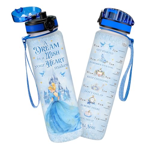Princess Fairytale Water Bottle 32oz, Cute Magic Hydration Bottle for Girls Teens, Princess Inspired Gift, Reusable Drink Bottle with Time Marker - color: Blue Fairytale