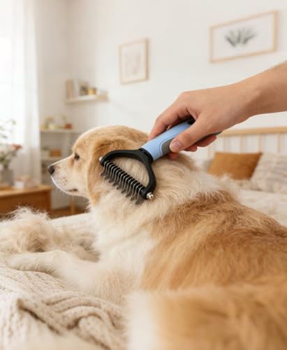 Double Sided Dematting Comb for Dogs & Cats - 2-in-1 Undercoat Rake & Double Coat Dog Brush, Pet Grooming Tool for Removing Mats & Deshedding (Blue) - size: Pet Grooming Comb