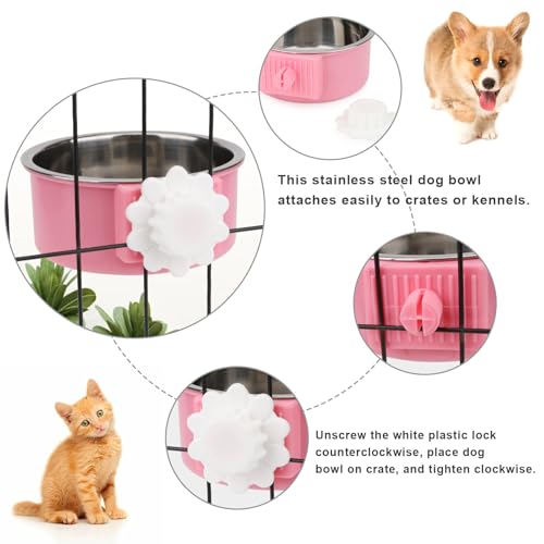 Dog Crate Water Bowl No Spill Removable Hanging Bowls, Pink | Stainless steel + plastic 2-in-1, twist-lock easy install, detachable easy clean, for small dogs/cats/rabbits/guinea pigs - color: Pink