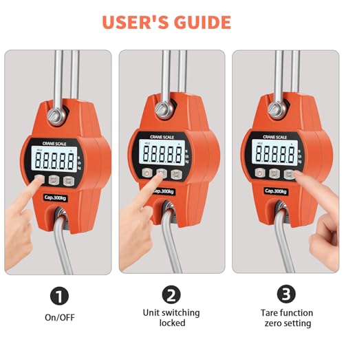 Hanging Scale 660lb/300kg - High-Accuracy Crane Scale with Aluminum Frame and LCD Display. Functions as Fishing Scale and Luggage Scale. for Farm, Hunting, Fitness, and Travel Weighing