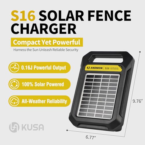 S16 12 Miles Solar Fence Charger, 0.18J Output, up to 8.1KV Electric Fence Charger, Rechargeable Solar Panel Solar Electric Fence Charger for Livestock, Farm Security & Garden Protection