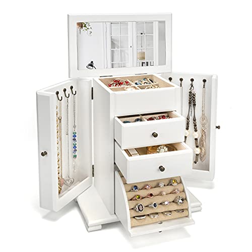 Emfogo Jewelry Box for Women, Rustic Wooden Jewelry Boxes & Organizers with Mirror, 4 Layer Jewelry Organizer Box Display for Rings Earrings Necklaces Bracelets (Weathered White) - color: Weathered White